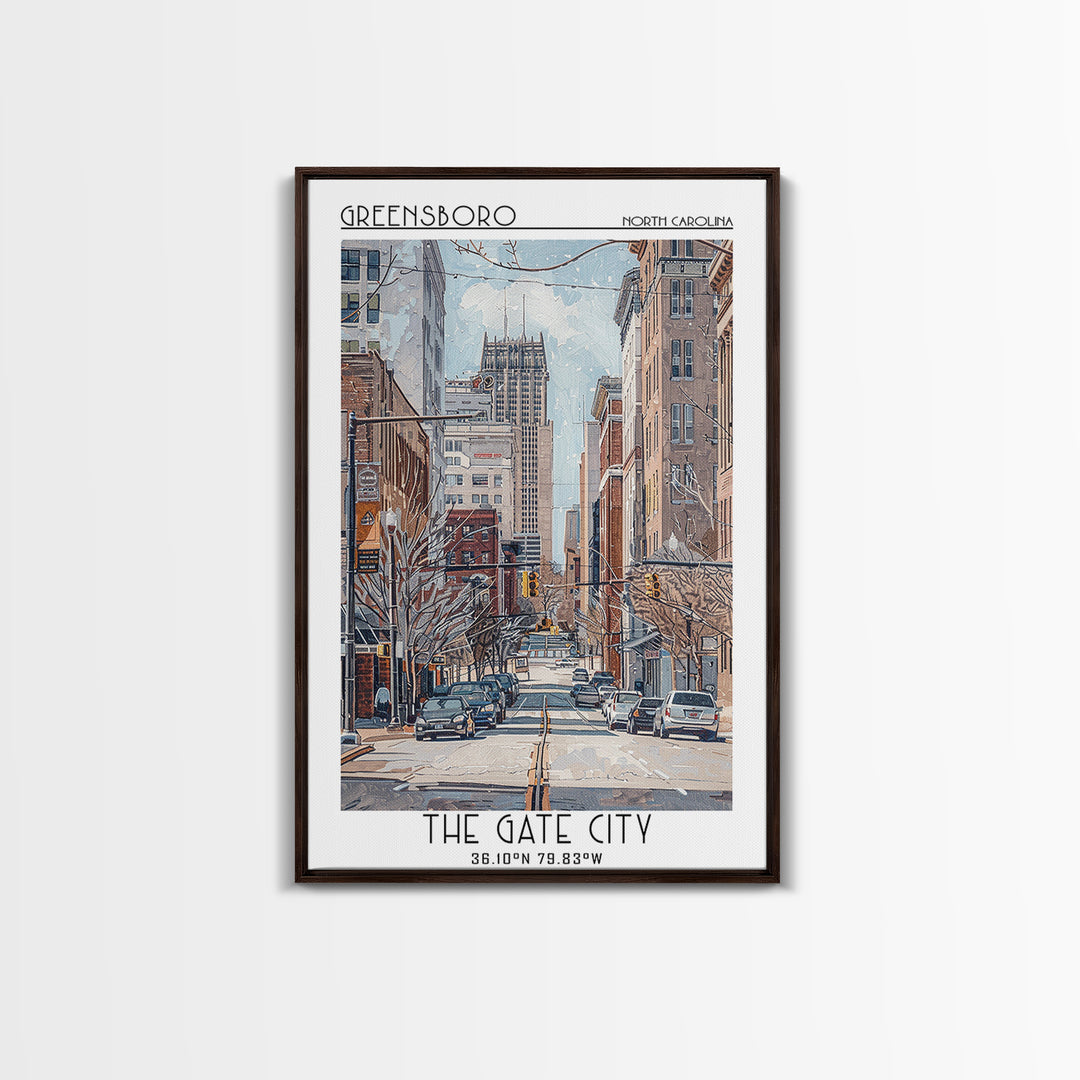 Greensboro Travel Poster, Framed Canvas Print, Retro Wall Art, Travel Print, Vintage Travel, Vintage Travel Print, City Illustration