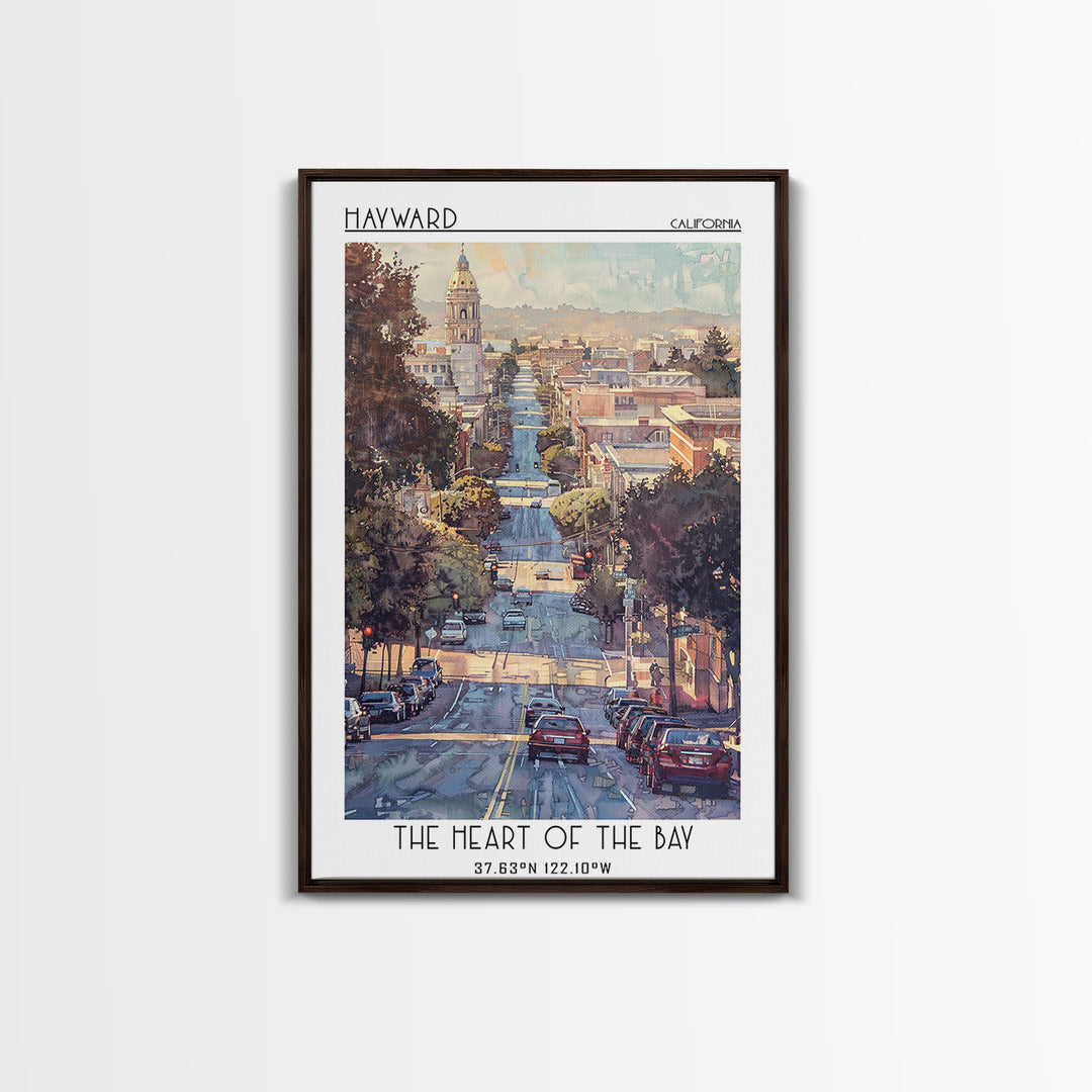 Hayward Travel Poster, Framed Canvas Print, City Travel Poster, Travel Wall Art, Retro Wall Art, Watercolor Cityscape, City Wall Art