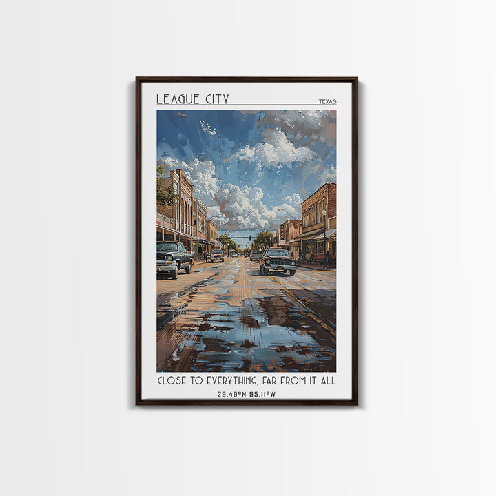League City Travel Poster, Framed Canvas Print, Travel Art Print, Modern Wall Decor, Home Decor, Mid Century Wall Art, Landscape Art
