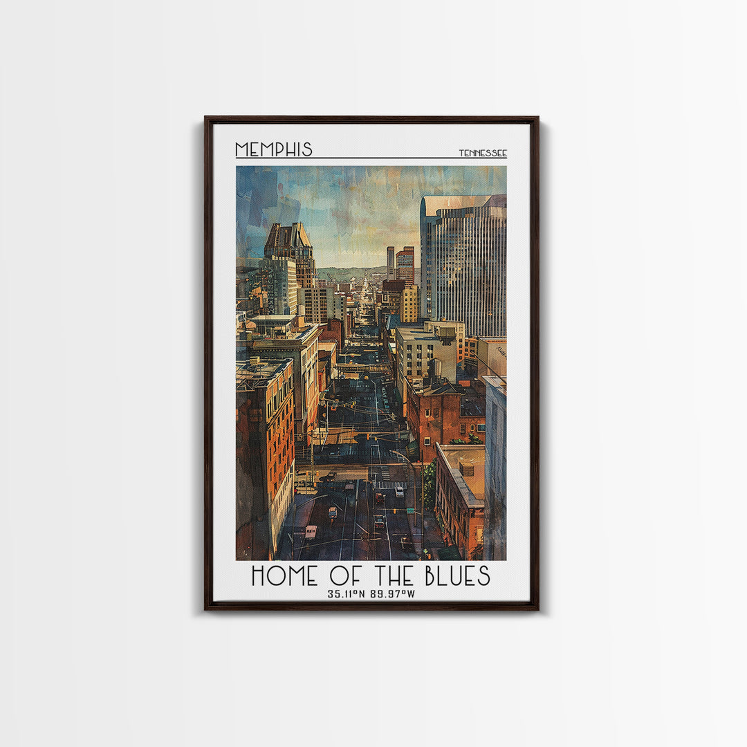 Memphis Travel Poster, Framed Canvas Print, City Art Print, Travel Wall Art, Travel Print, Watercolor Cityscape, Retro Travel Poster