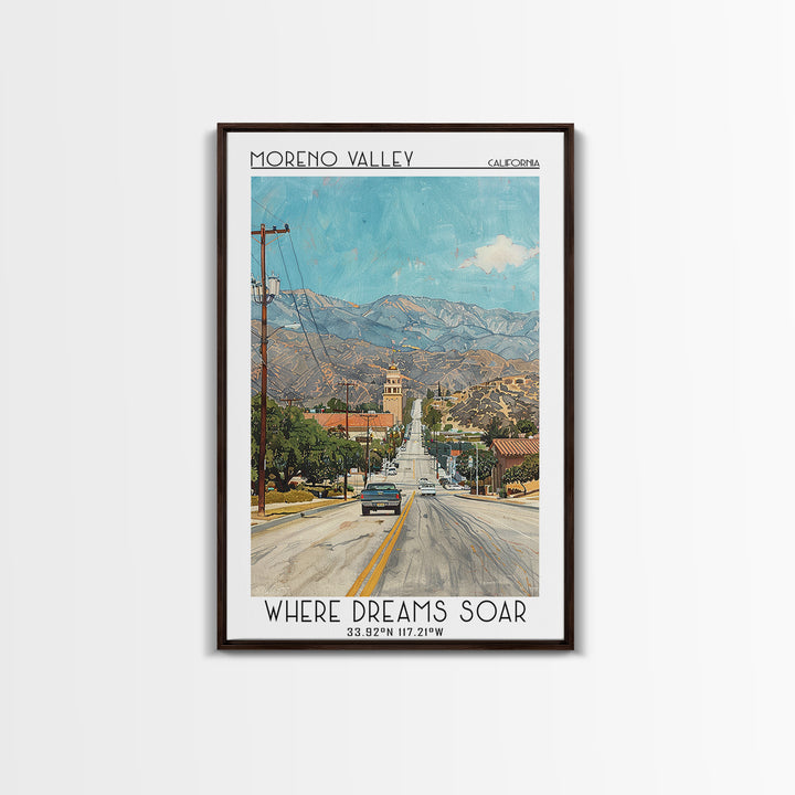 Moreno Valley Travel Poster, Framed Canvas Print, City Art Print, Travel Wall Art, Wall Art, City Travel Poster, Retro Travel Poster