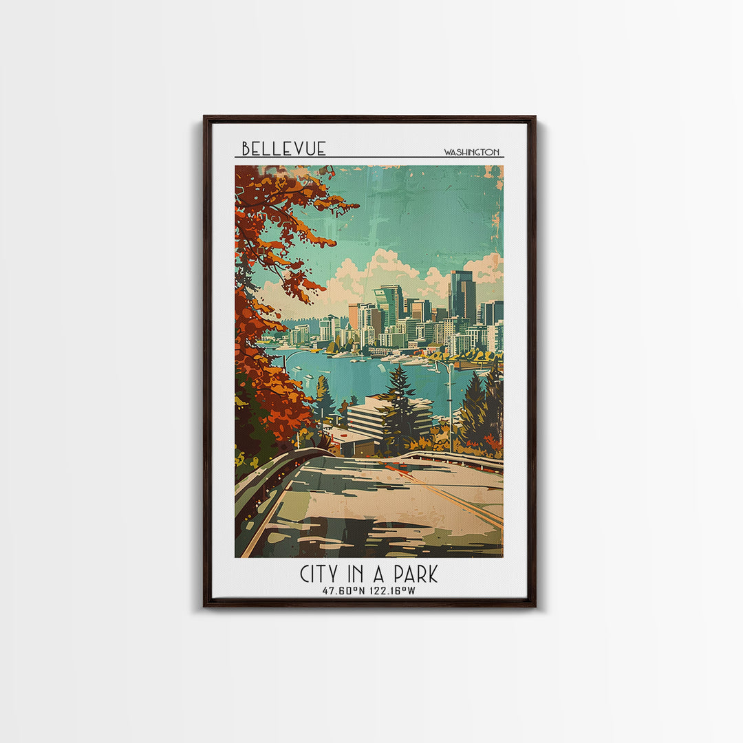 Bellevue Travel Poster, Framed Canvas Print, Retro Wall Art, Travel Print, City Travel Poster, Colorful Wall Art, Retro Travel Print