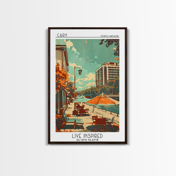 Cary North Carolina Travel Poster, Framed Canvas Print, Retro Wall Art, Travel Print, Art Print, Home Office Decor, Travel Art Print