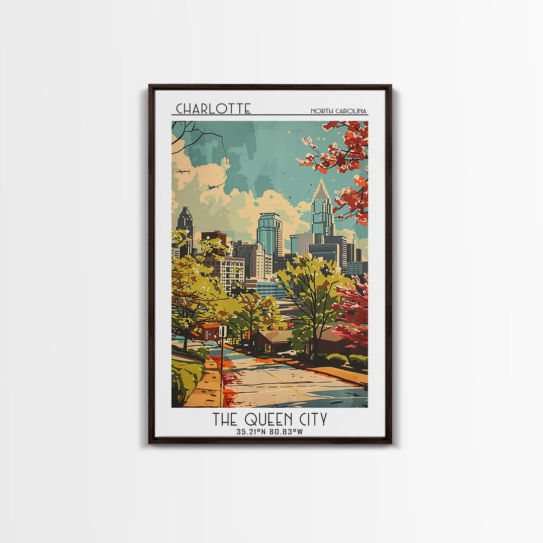 Charlotte North Carolina Travel Poster, Framed Canvas Print, Retro Wall Art, Travel Print, Fine Art Print, Wall Art, Travel Wall Art