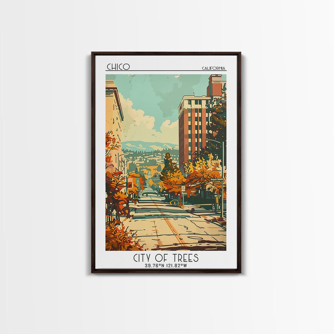 Chico California Travel Poster, Framed Canvas Print, Travel Art Print, Modern Wall Decor, Poster Art, Retro Wall Art, Travel Posters