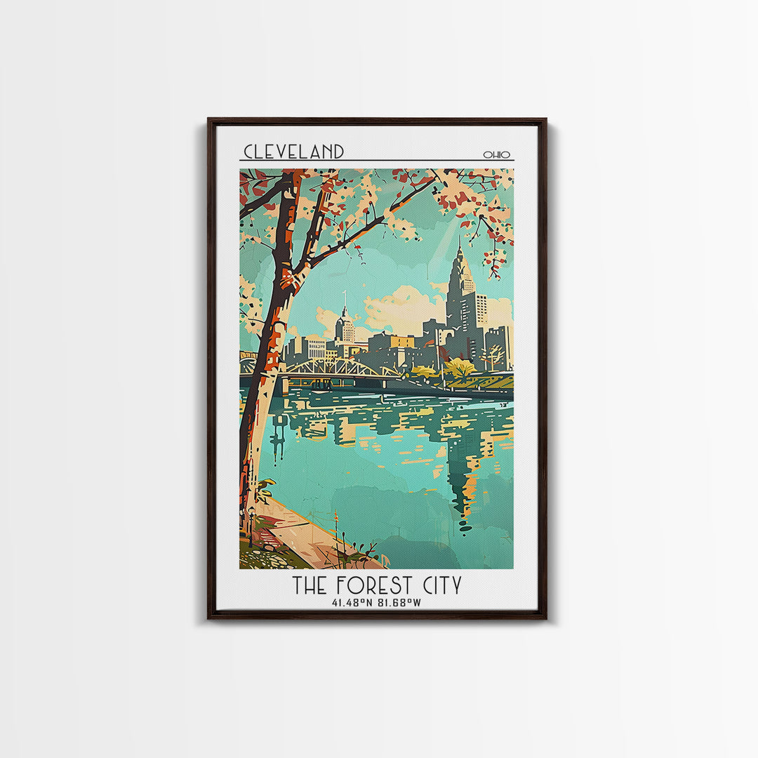 Cleveland Travel Poster, Framed Canvas Print, Travel Wall Decor, Minimalist Poster, Retro Wall Art, Travel Decor, Retro Travel Print