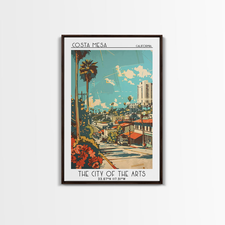 Costa Mesa California Travel Poster, Framed Canvas Print, Travel Prints, Landscape Art, Retro Wall Art, Art Print, City Illustration