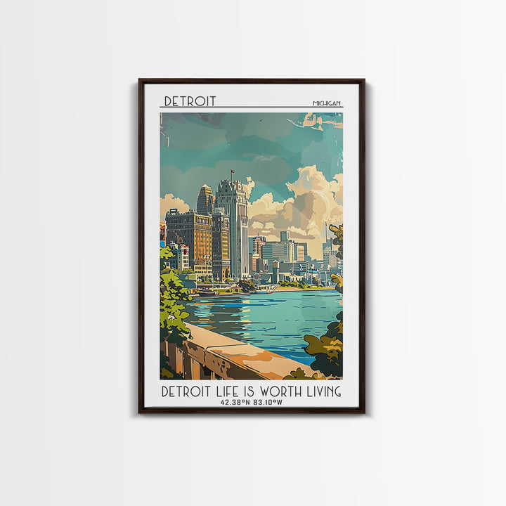 Detroit Michigan Travel Poster, Framed Canvas Print, Retro Travel Poster, City Wall Art, Travel Wall Art, Poster Print, Travel Decor