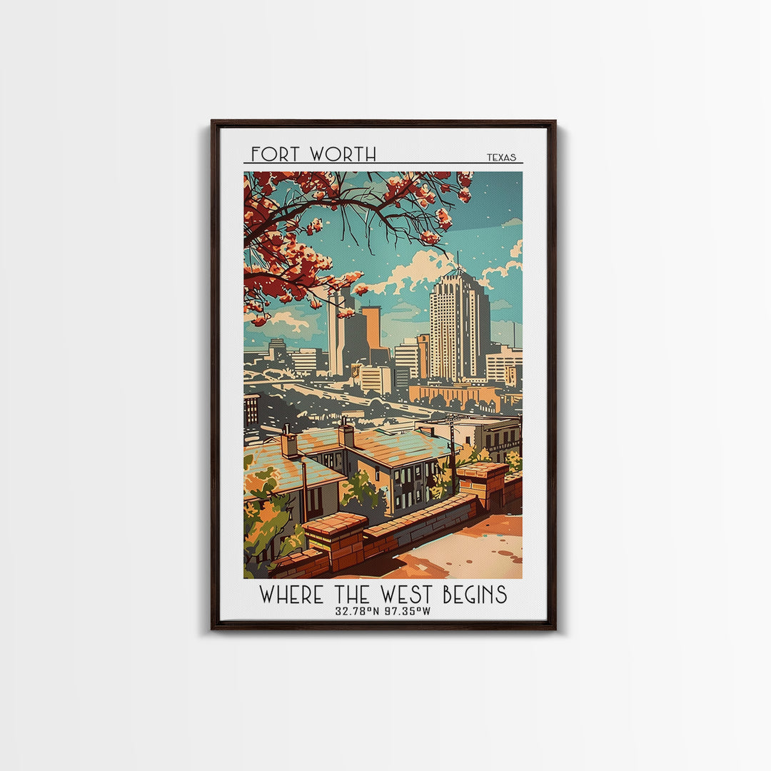 Fort Worth Texas Travel Poster, Framed Canvas Print, Travel Prints, Landscape Art, Modern Wall Decor, Travel Decor, Gallery Wall Set