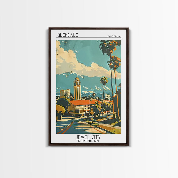 Glendale California Travel Poster, Framed Canvas Print, City Travel Poster, Vintage City Poster, Vintage Travel Art, Vintage Posters