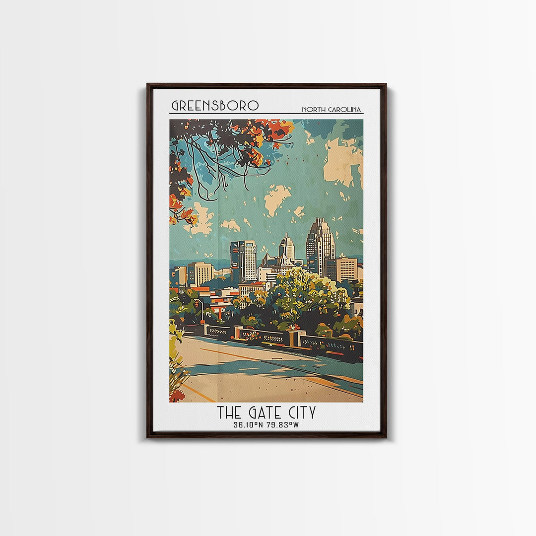 Greensboro Travel Poster, Framed Canvas Print, Retro Wall Art, Travel Print, Living Room Wall Art, Minimalist Poster, Fine Art Print