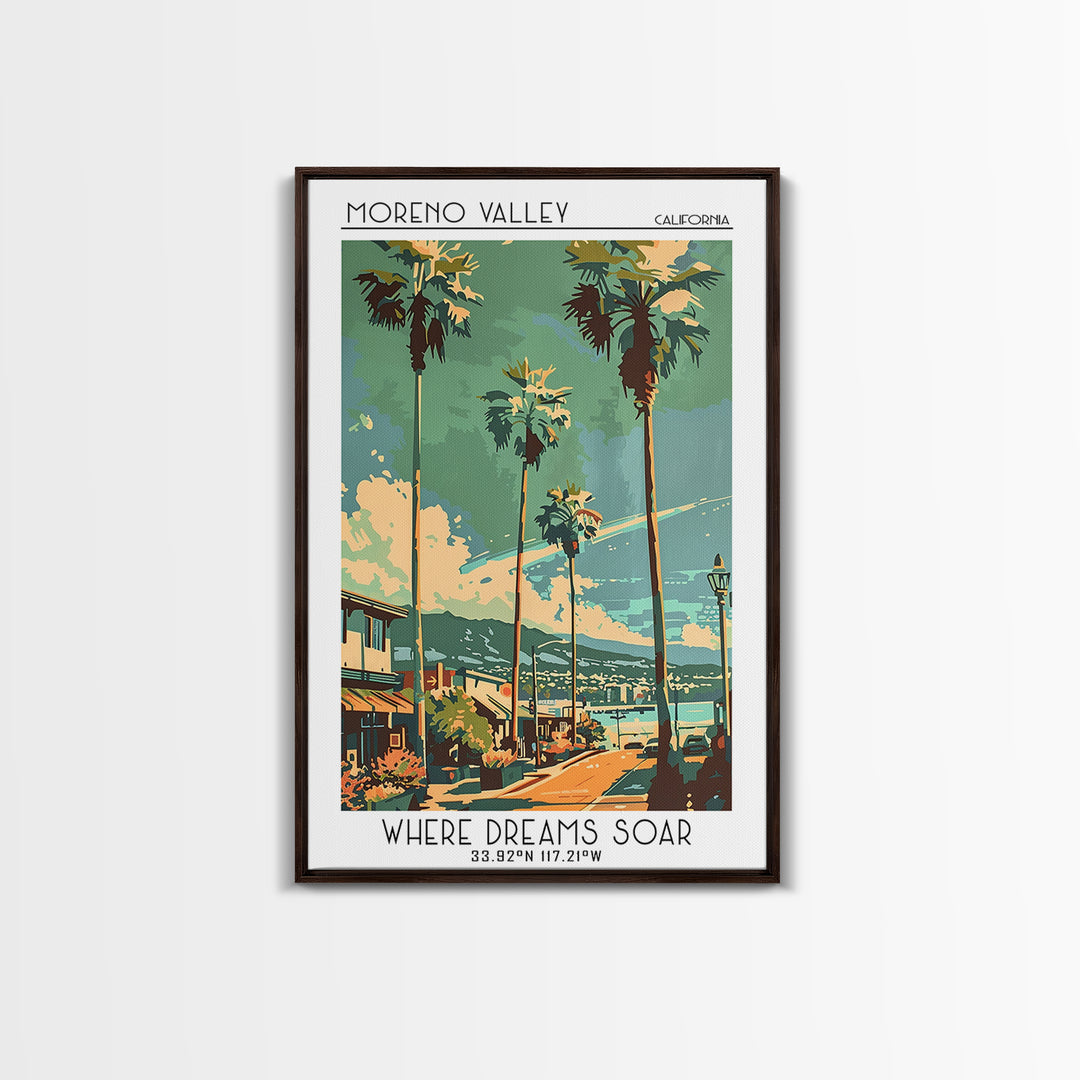 Moreno Valley California Travel Poster, Framed Canvas Print, Travel Wall Art, City Wall Art, Living Room Wall Art, City Illustration