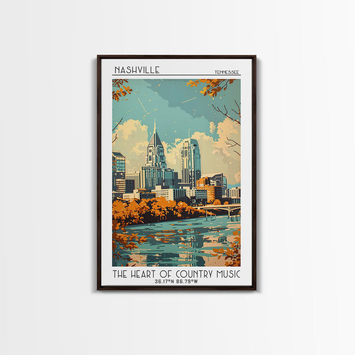 Nashville Travel Poster, Framed Canvas Print, Retro Wall Art, Travel Print, Travel Wall Art, Living Room Wall Art, Colorful Wall Art