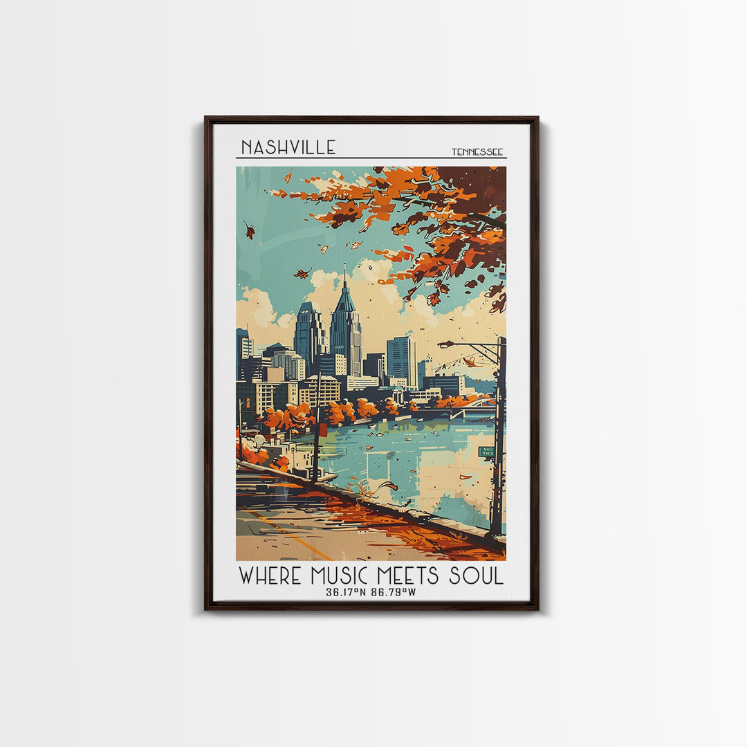 Nashville Tennessee Travel Poster, Framed Canvas Print, Travel Prints, Landscape Art, Poster Print, Mid Century Wall Art, Poster Art