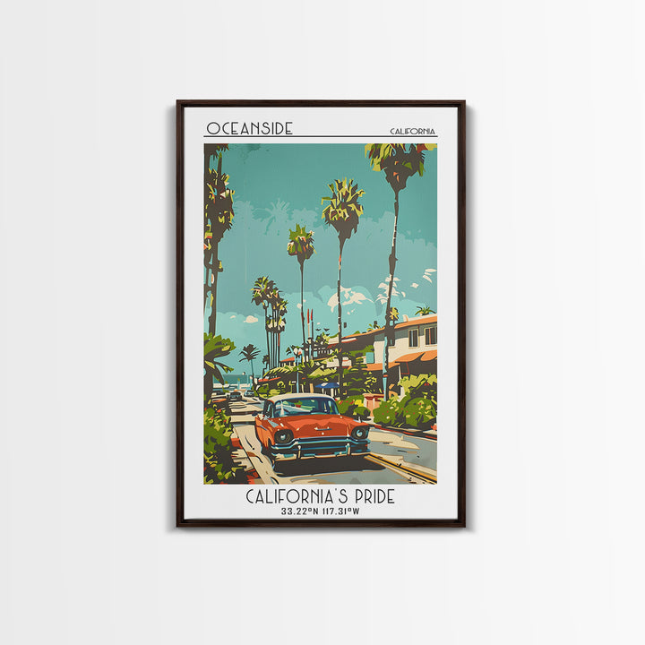 Oceanside Travel Poster, Framed Canvas Print, Travel Prints, Landscape Art, Wanderlust Gift, Mid Century Wall Art, Minimalist Poster