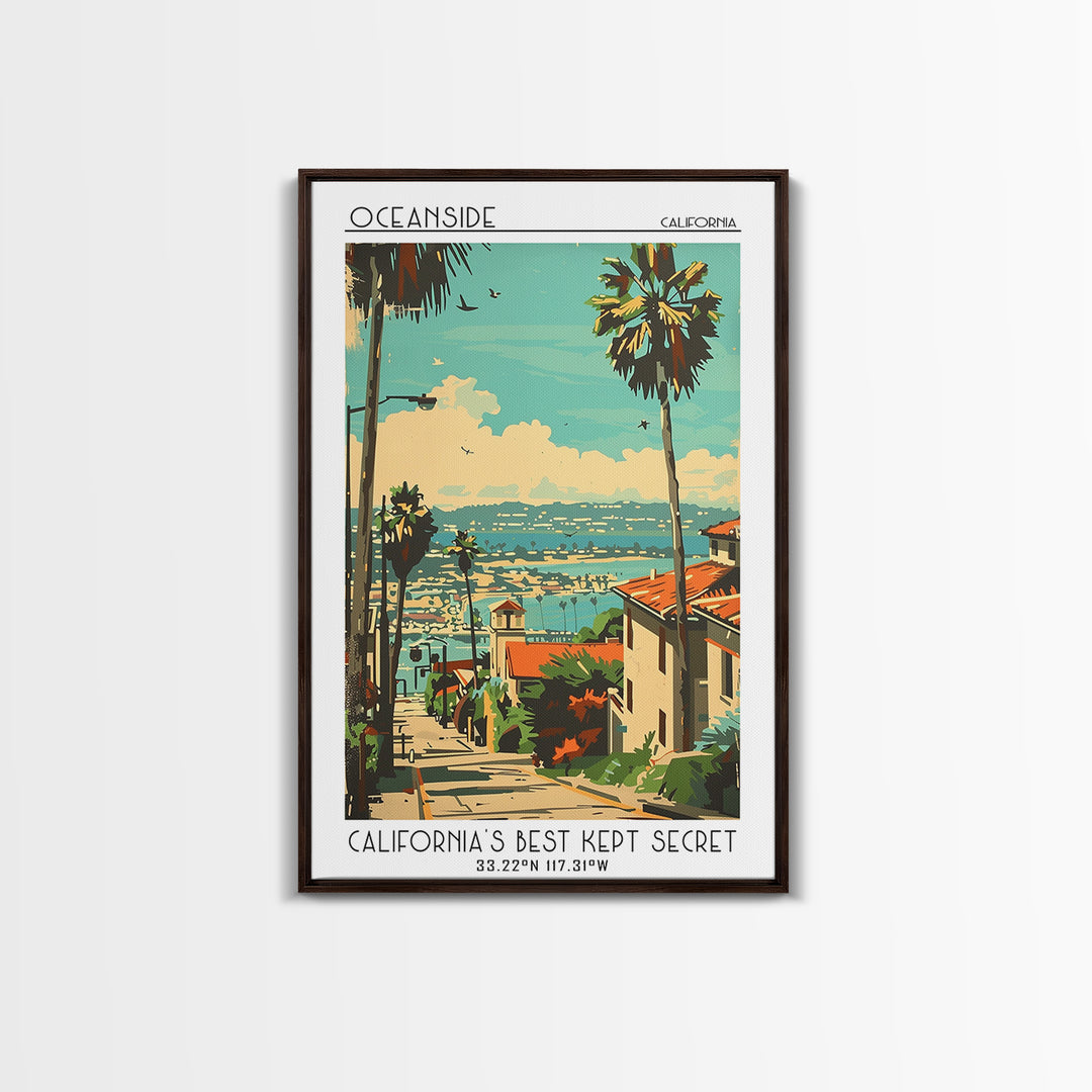 Oceanside California Travel Poster, Framed Canvas Print, Retro Travel Poster, City Wall Art, Home Decor, Landscape Art, Travel Decor