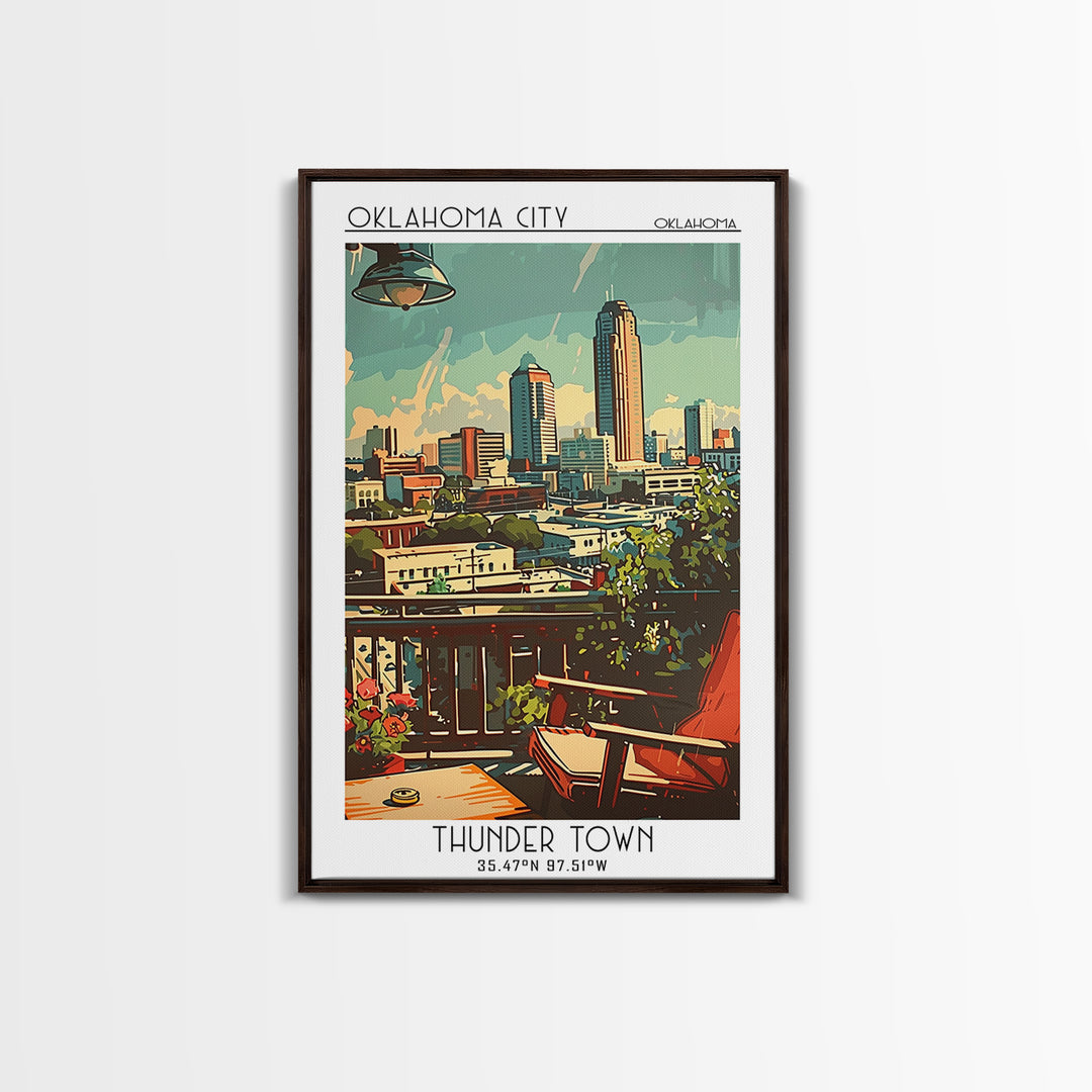 Oklahoma City Oklahoma Travel Poster, Framed Canvas Print, Travel Wall Art, City Wall Art, Watercolor Cityscape, Retro Travel Poster