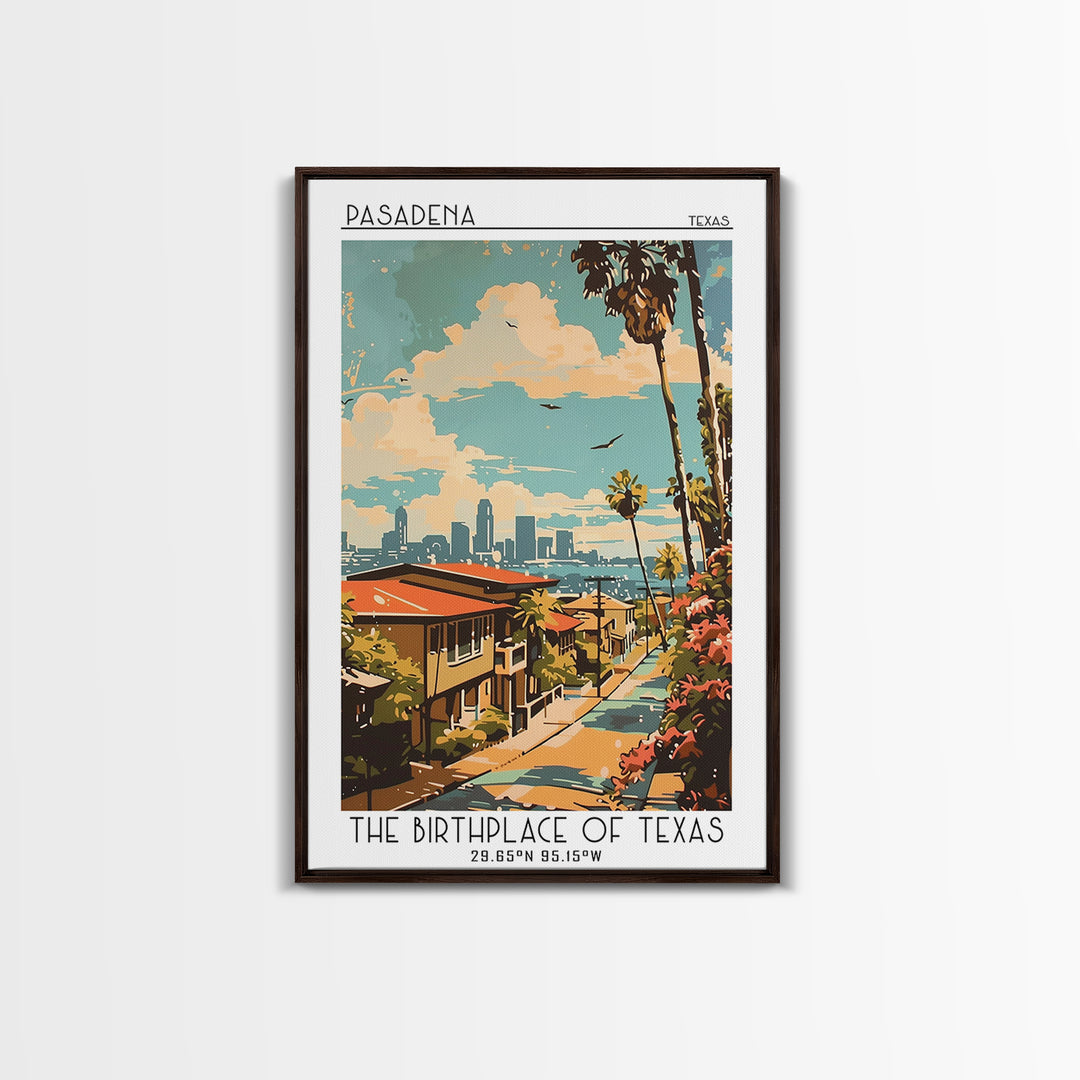 Pasadena Texas Travel Poster, Canvas Print, Retro Travel Poster, City Wall Art, Retro Travel Print, Home Decor, Watercolor Cityscape