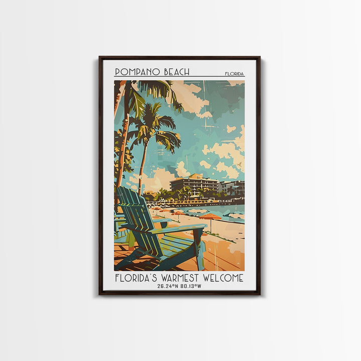 Pompano Beach Travel Poster, Framed Canvas Print, Retro Wall Art, Travel Print, City Illustration, Minimalist Poster, Vintage Travel