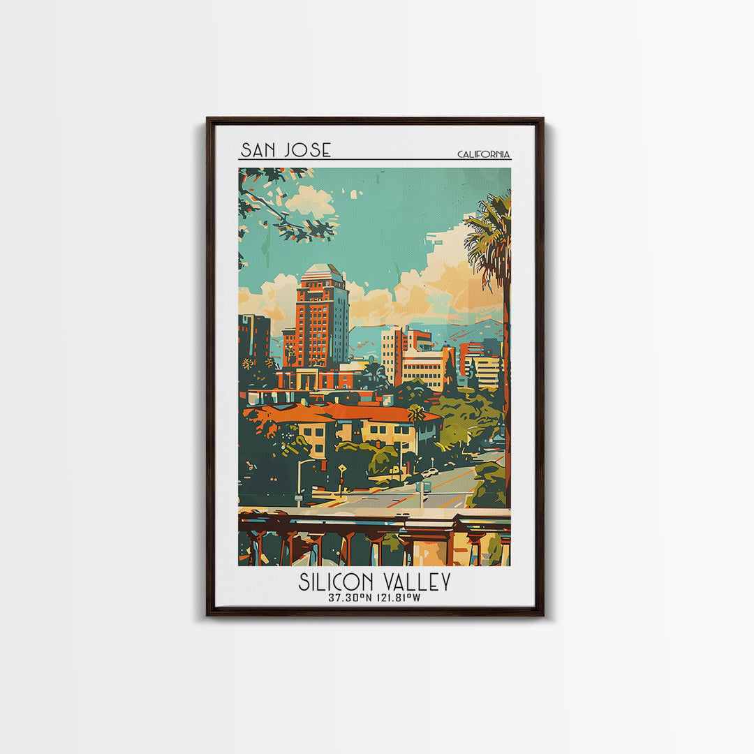 San Jose California Travel Poster, Framed Canvas Print, Travel Prints, Landscape Art, Vintage Travel Print, Wall Art, Retro Wall Art
