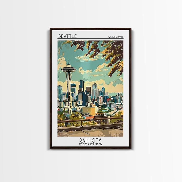 Seattle Washington Travel Poster, Canvas Print, City Travel Poster, Travel Wall Art, Retro Wall Art, Colorful Wall Art, Travel Decor