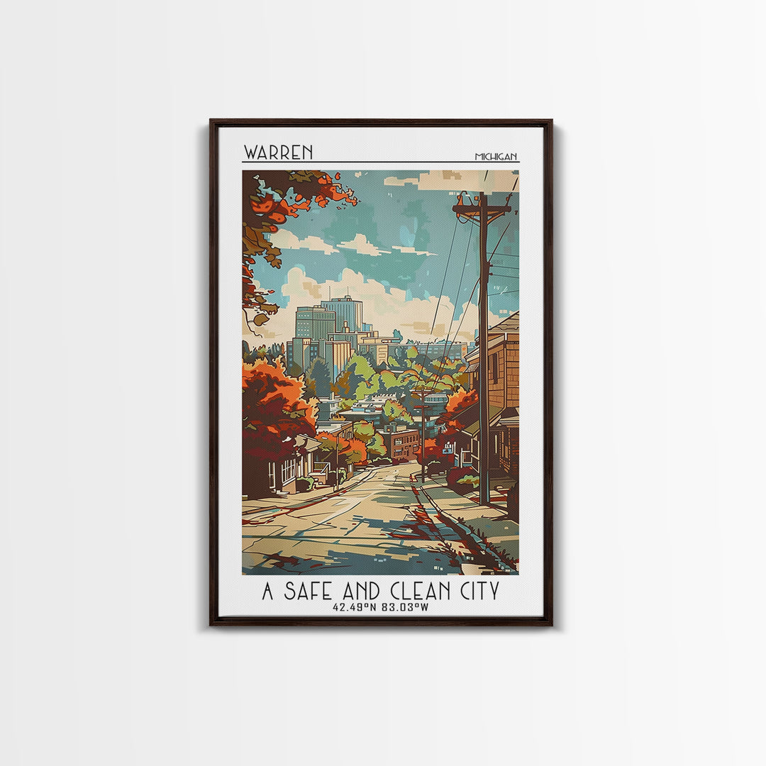Warren Michigan Travel Poster, Framed Canvas Print, Vintage Travel Print, City Wall Art, Poster Print, Retro Travel Poster, Wall Art