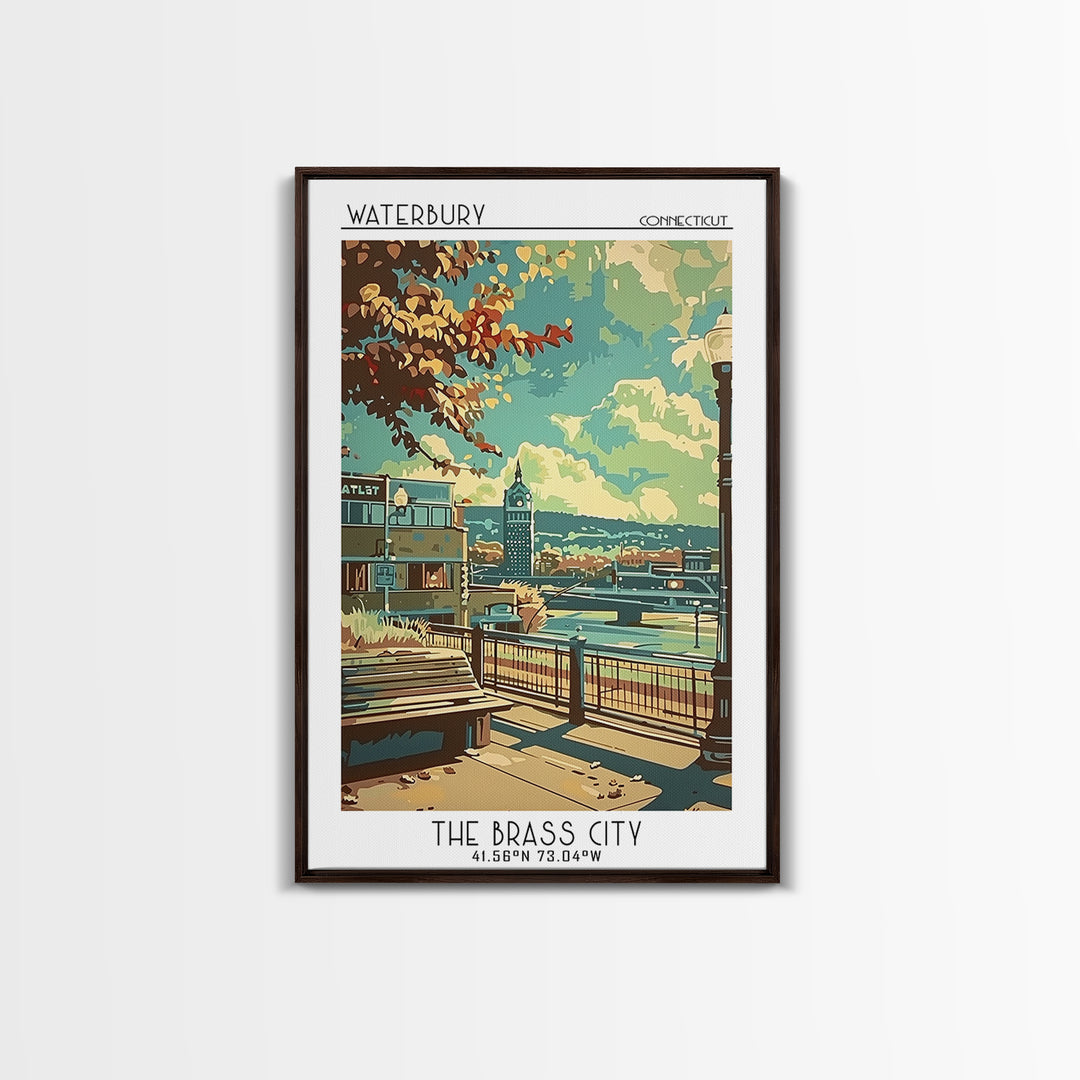 Waterbury Travel Poster, Framed Canvas Print, City Art Print, Travel Wall Art, Travel Art Print, Watercolor Cityscape, Landscape Art