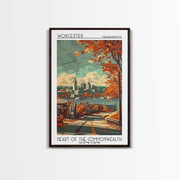 Worcester Massachusetts Travel Poster, Framed Canvas Print, Travel Prints, Landscape Art, Watercolor Cityscape, Mid Century Wall Art