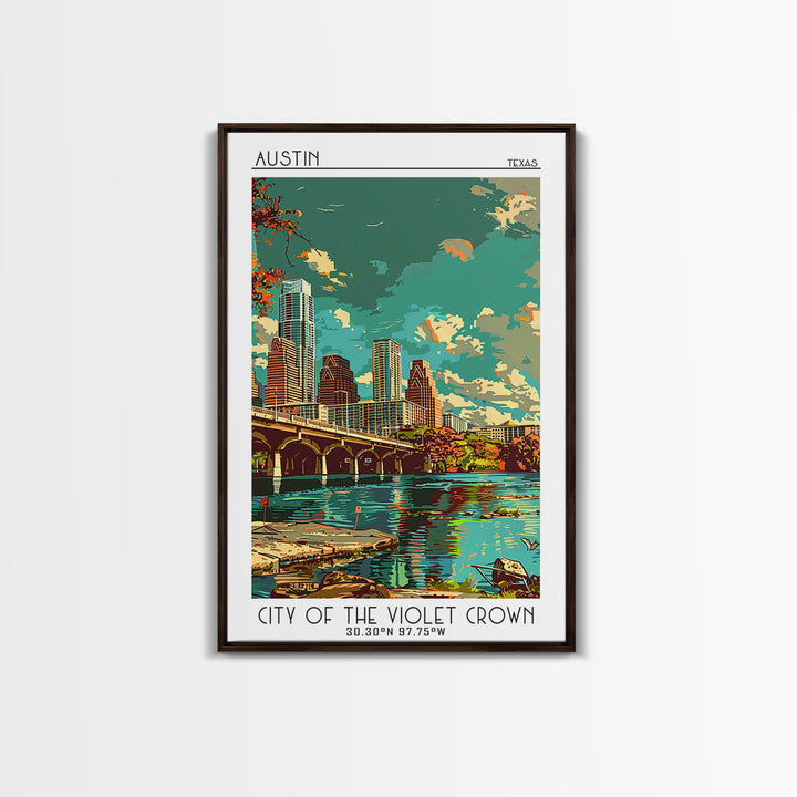 Austin Travel Poster, Framed Canvas Print, Travel Prints, Landscape Art, Travel Art Print, Home Office Decor, Wall Art, Travel Decor