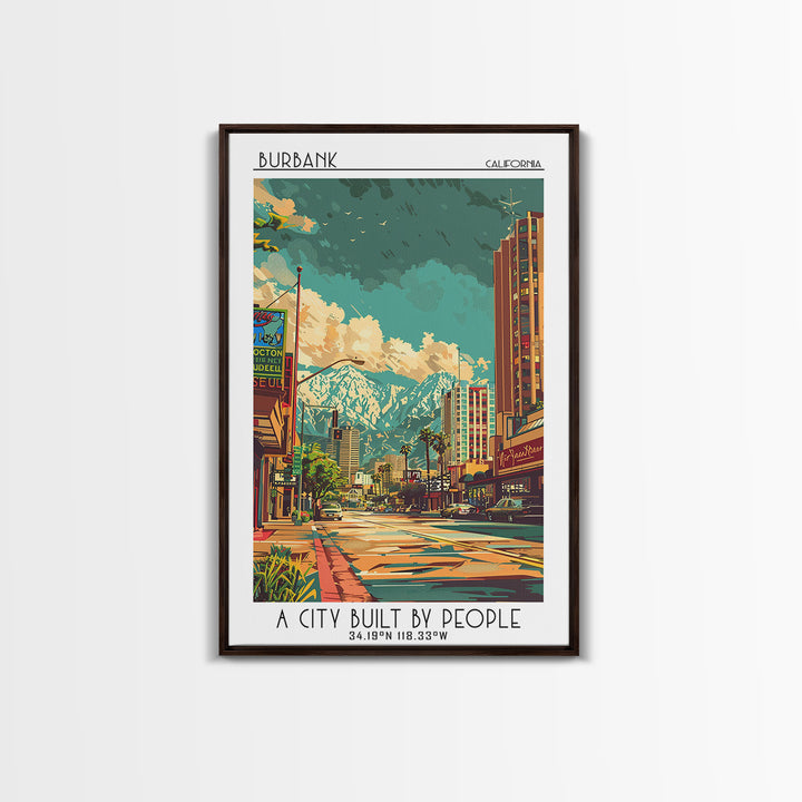 Burbank Travel Poster, Canvas Print, Retro Wall Art, Travel Print, Colorful Wall Art, City Illustration, Poster Print, Travel Prints