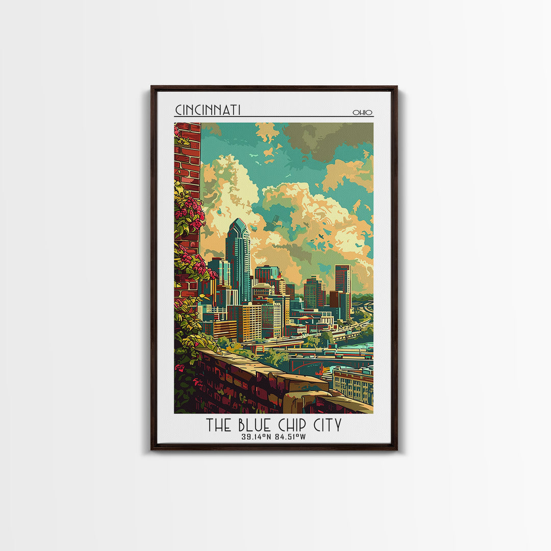 Cincinnati Travel Poster, Canvas Print, Retro Travel Poster, City Wall Art, Mid Century Wall Art, Travel Print, Watercolor Cityscape