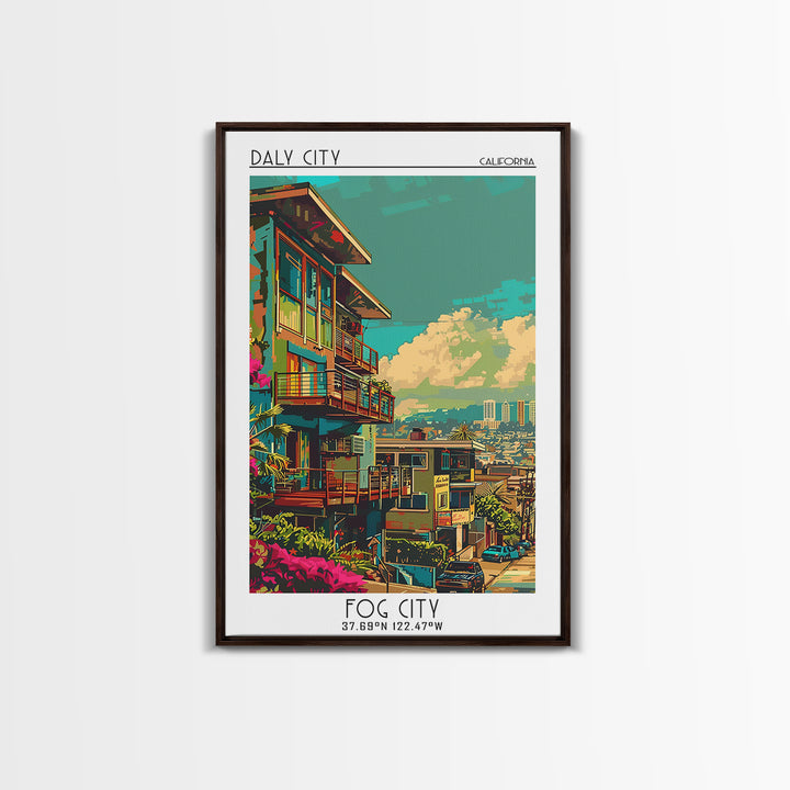 Daly City Travel Poster, Framed Canvas Print, Retro Wall Art, Travel Print, Living Room Wall Art, Vintage Travel, City Travel Poster