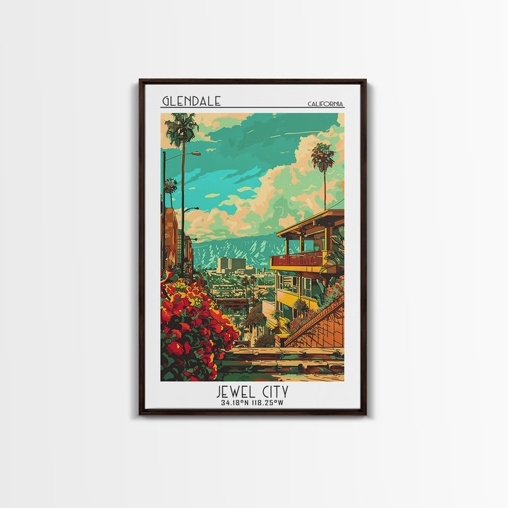 Glendale California Travel Poster, Framed Canvas Print, Travel Wall Decor, Minimalist Poster, Retro Travel Poster, City Illustration