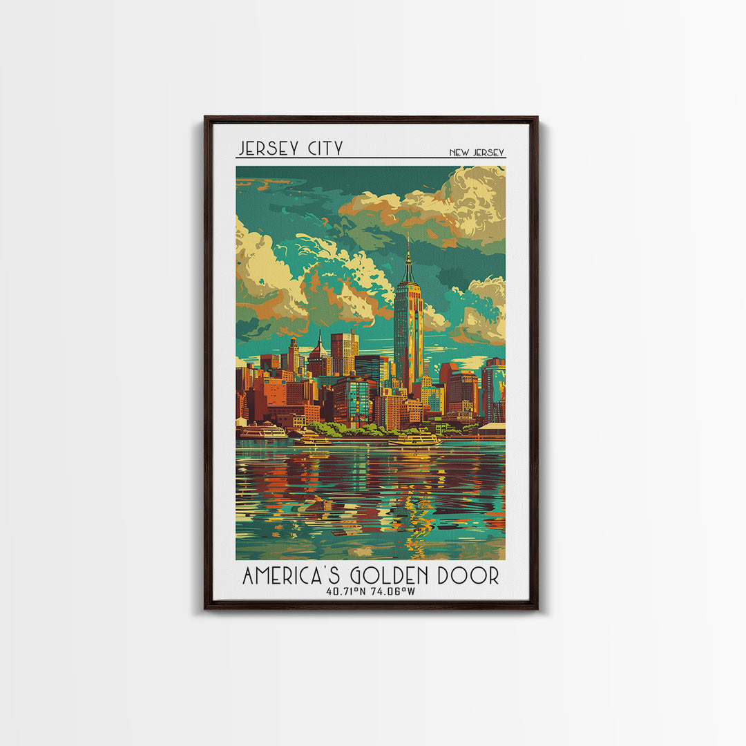 Jersey City Travel Poster, Framed Canvas Print, Retro Wall Art, Travel Print, Vintage Posters, Gallery Wall Set, Vintage City Poster