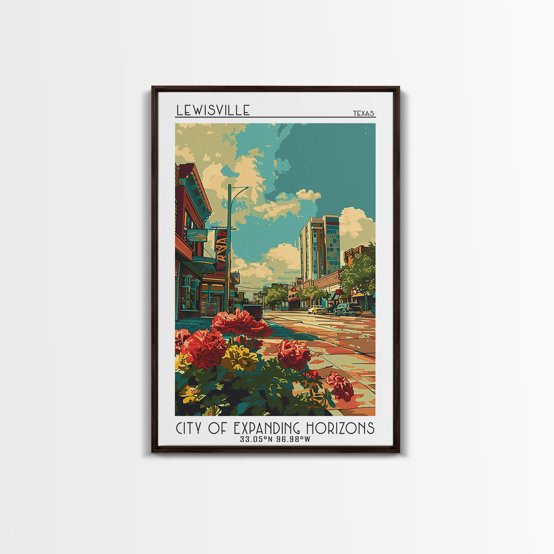 Lewisville Travel Poster, Framed Canvas Print, Travel Prints, Landscape Art, Retro Travel Poster, Poster Print, Watercolor Cityscape