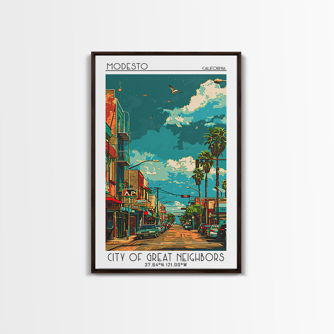 Modesto Travel Poster, Canvas Print, Travel Wall Art, City Wall Art, City Illustration, Travel Print, Vintage Poster, City Art Print