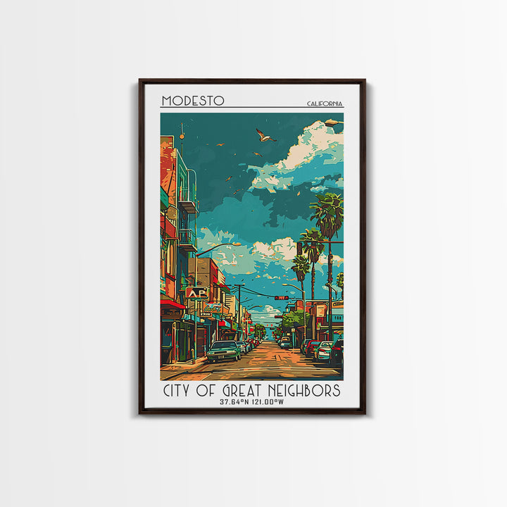 Modesto Travel Poster, Canvas Print, Travel Wall Art, City Wall Art, City Illustration, Travel Print, Vintage Poster, City Art Print