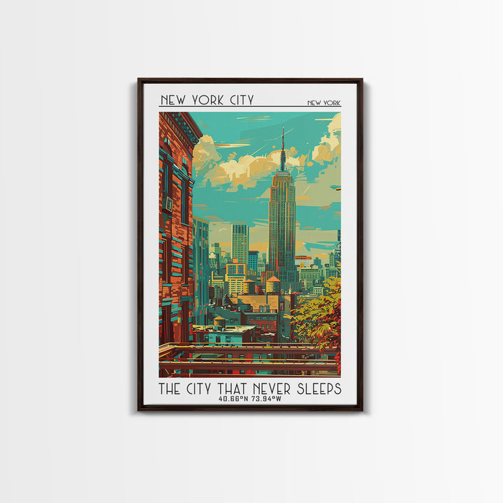 New York Travel Poster, Framed Canvas Print, Travel Wall Art, City Wall Art, Retro Wall Art, Mid Century Wall Art, Colorful Wall Art