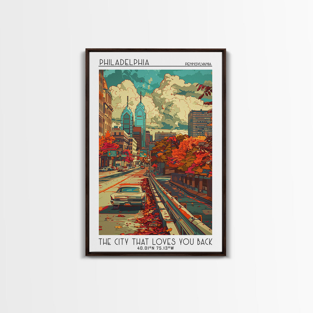 Philadelphia Travel Poster, Framed Canvas Print, Retro Wall Art, Travel Print, Travel Wall Decor, City Wall Art, Retro Travel Poster