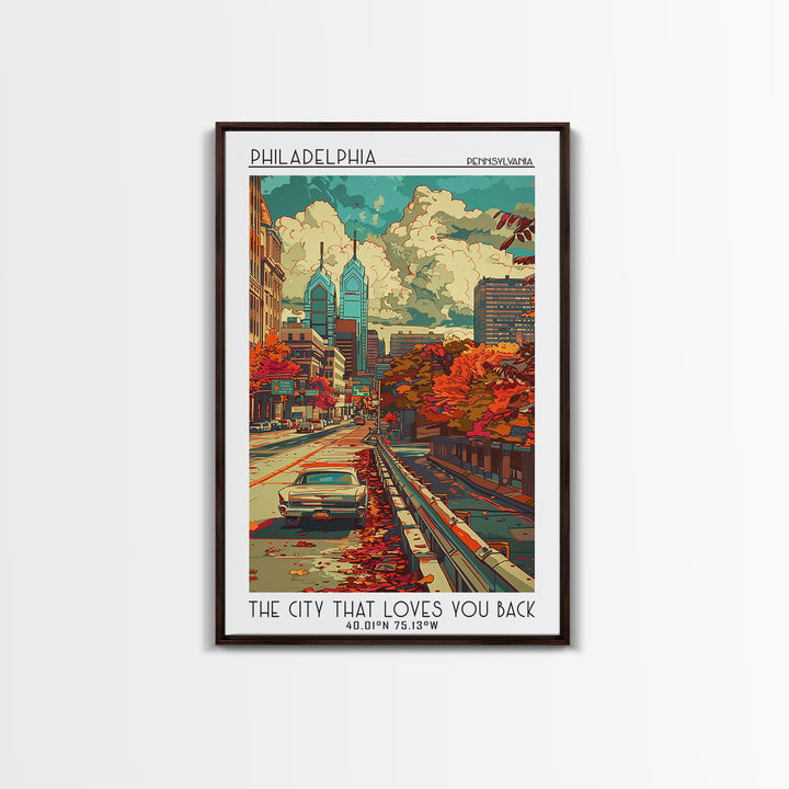 Philadelphia Travel Poster, Framed Canvas Print, Retro Wall Art, Travel Print, Travel Wall Decor, City Wall Art, Retro Travel Poster