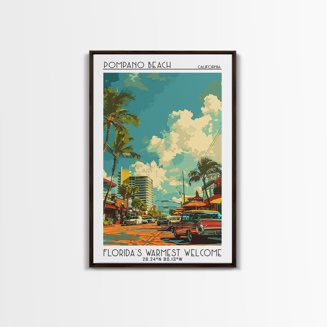 Pompano Beach Travel Poster, Framed Canvas Print, Travel Wall Art, City Wall Art, Vintage Poster, Vintage Travel Art, Travel Posters