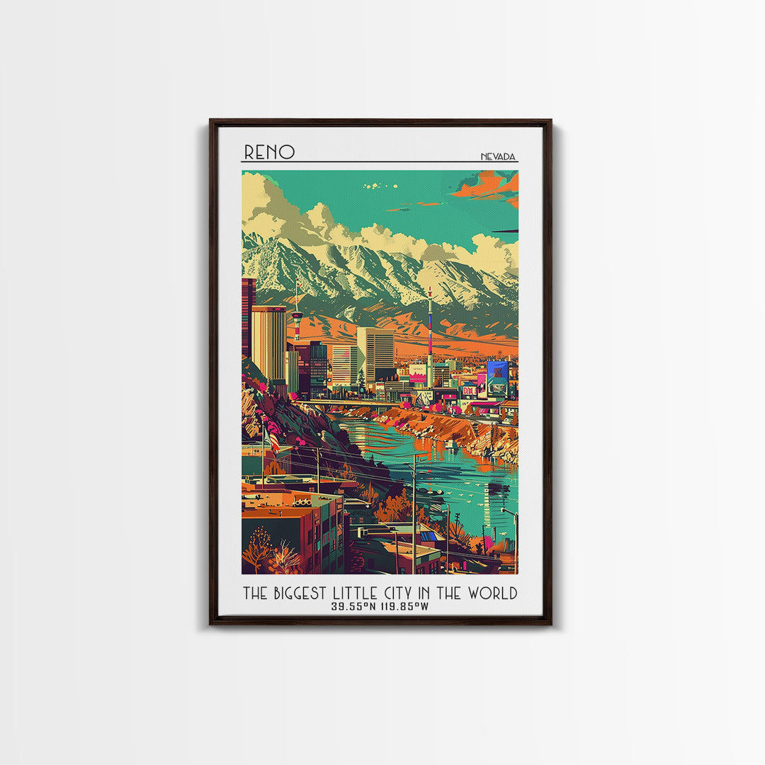 Reno Travel Poster, Framed Canvas Print, Travel Wall Art, City Wall Art, Wall Art, Art Print, Retro Travel Poster, Home Office Decor