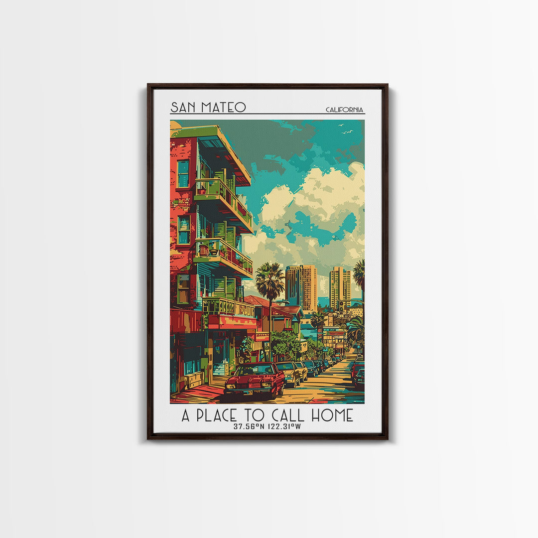 San Mateo Travel Poster, Framed Canvas Print, Retro Travel Poster, City Wall Art, Travel Art Print, Minimalist Poster, Landscape Art