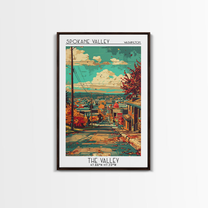 Spokane Valley Travel Poster, Framed Canvas Print, Travel Wall Art, City Wall Art, City Travel Poster, Travel Prints, Retro Wall Art
