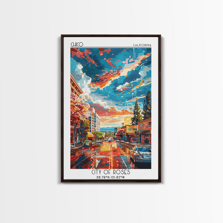 Chico Travel Poster, Framed Canvas Print, Travel Prints, Landscape Art, Art Print, Vintage Poster, City Wall Art, Retro Travel Print