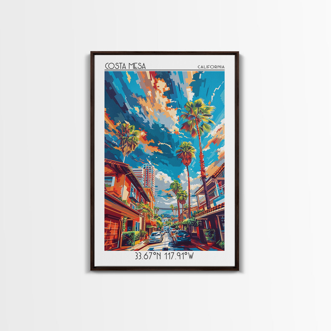 Costa Mesa Travel Poster, Framed Canvas Print, City Travel Poster, Vintage City Poster, Wall Art, City Illustration, Wanderlust Gift