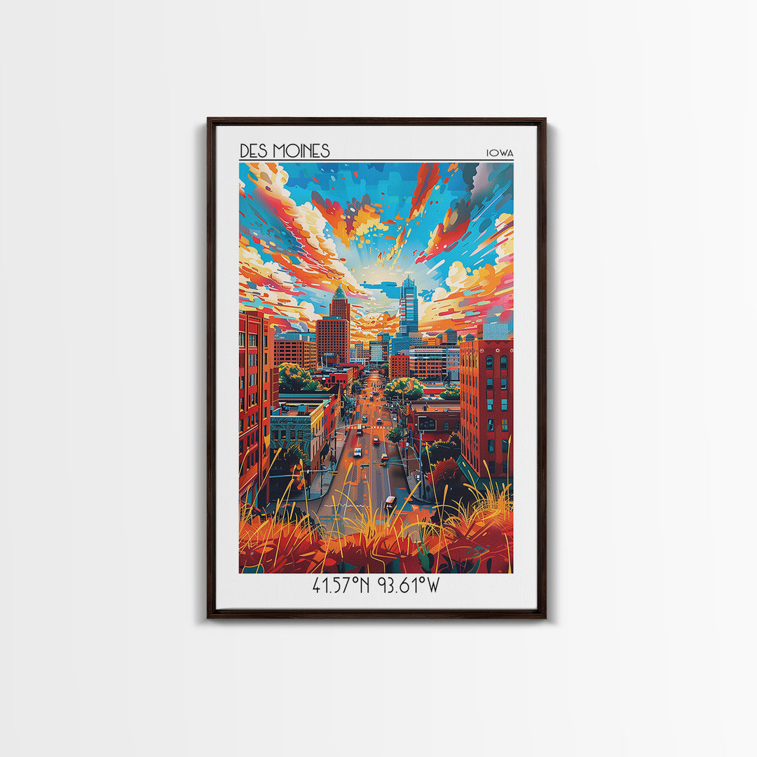 Des Moines Travel Poster, Canvas Print, Travel Wall Art, City Wall Art, City Illustration, Mid Century Wall Art, Retro Travel Poster