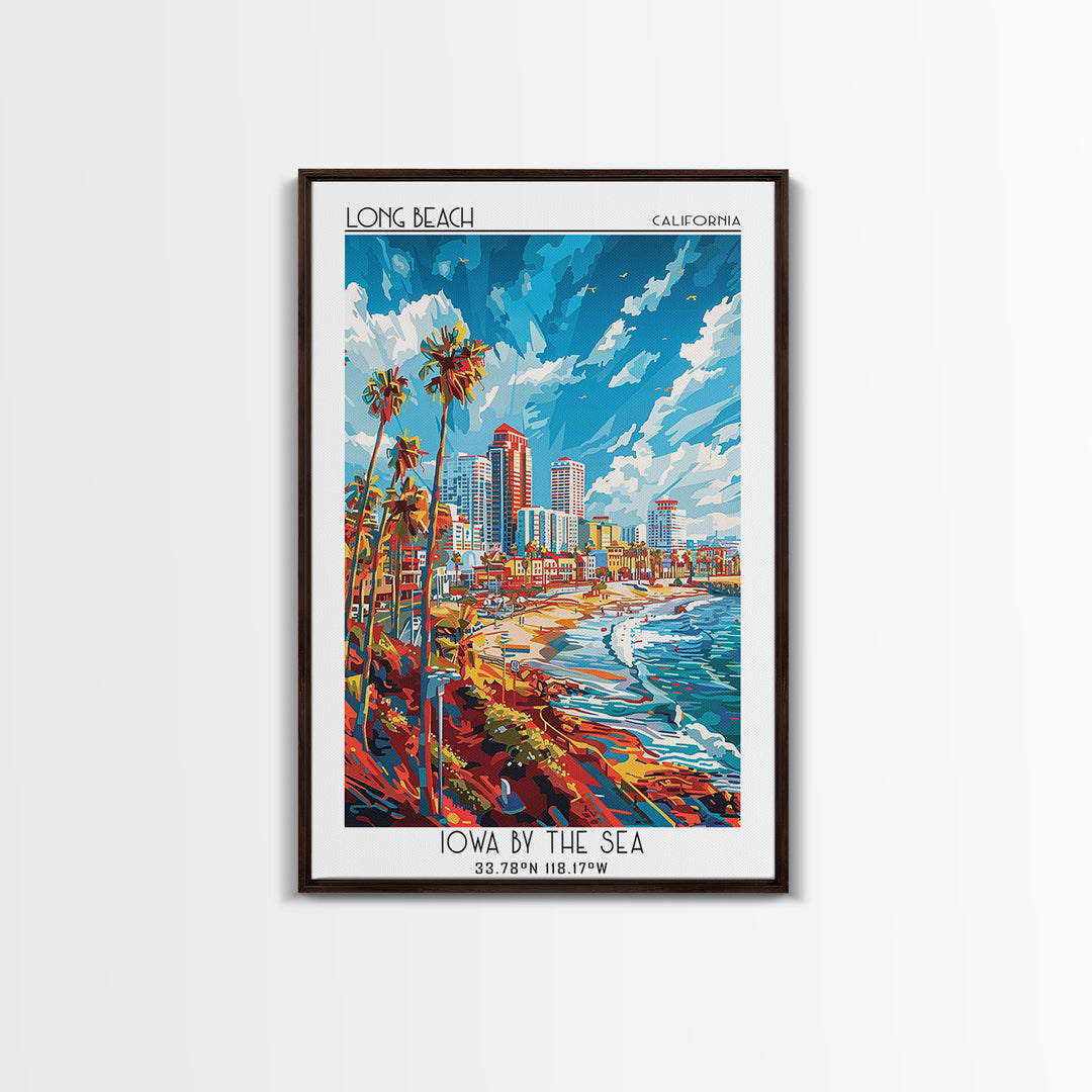 Long Beach Travel Poster, Framed Canvas Print, Travel Prints, Landscape Art, Watercolor Cityscape, Retro Wall Art, Colorful Wall Art