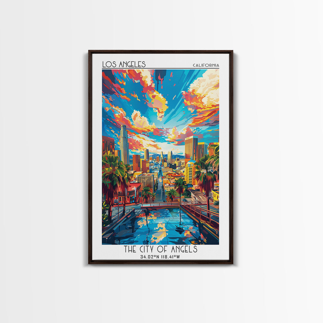 Los Angeles Travel Poster, Framed Canvas Print, Travel Prints, Landscape Art, Travel Wall Decor, Retro Wall Art, Retro Travel Poster