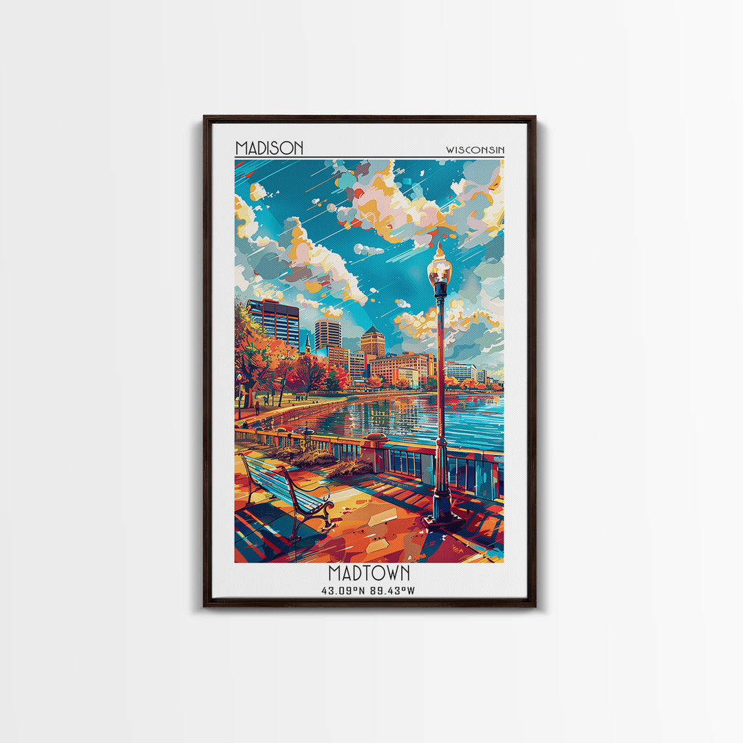 Madison Travel Poster, Framed Canvas Print, Travel Wall Art, City Wall Art, Retro Travel Poster, Travel Prints, Mid Century Wall Art